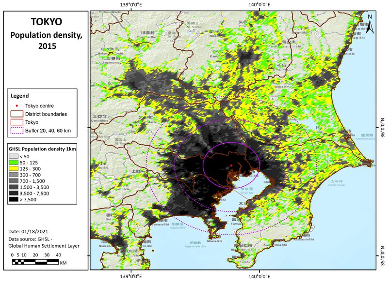 Map of the population per 500-m grid (population density) in Tokyo